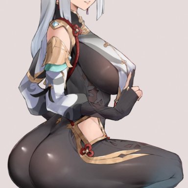 genshin impact, shenhe (genshin impact), kataku musou, 1girls, ass, blue eyes, breasts, dat ass, female, female only, hair over one eye, huge ass, huge breasts, light skin, light-skinned female