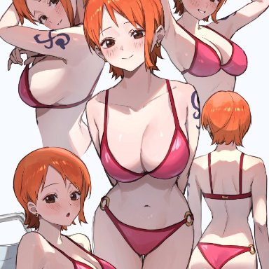 one piece, nami, sooon, armpits, arms behind back, arms up, big breasts, bikini, blush, brown eyes, cleavage, earrings, female, female only, hourglass figure