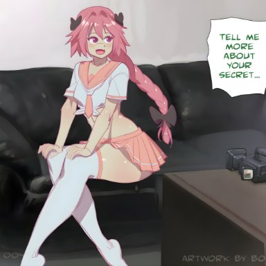 fate (series), astolfo (fate), bokuman, 1boy, 1femboy, ass bigger than skirt, before anal, before sex, casting couch series, couch, couch sitting, crossed legs, femboy, legs crossed, microskirt