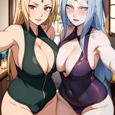 naruto, naruto (classic), naruto (series), naruto shippuden, naruto: the last, otsutsuki kaguya, tsunade, tsunade senju, lewdcreationsai, 2girls, big breasts, big nipples, blonde female, blonde hair, blush