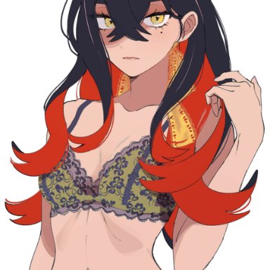 game freak, nintendo, pokemon, pokemon sv, carmine (pokemon), osg pk, black hair, emotionless, lingerie, messy, red highlights, serious, two tone hair, unfazed