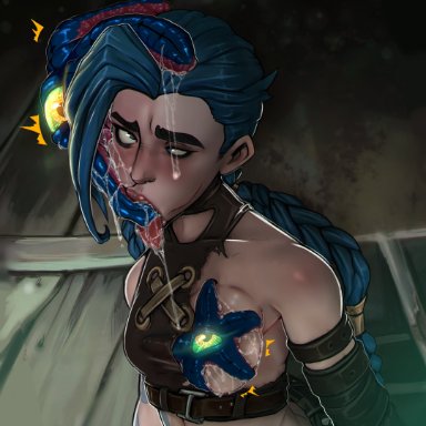 arcane, dc, dc comics, league of legends, riot games, arcane jinx, jinx (league of legends), starro, reliusmax, ahe gao, blue eyes, blue hair, braid, drooling, eyes rolling back