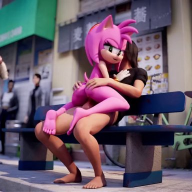 amy rose, mobian (species), ganondork, 1boy1girl, 1girls, anthro, bench, bench sex, filming, filming sex, human, human on anthro, interspecies, male on mobian, male/female