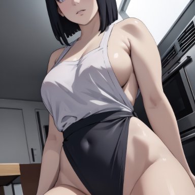 boruto: naruto next generations, naruto, naruto (series), hyuuga hinata, minusleto, stable diffusion, 1girls, apron, big breasts, looking at viewer, milf, purple eyes, short hair, stockings, 2023