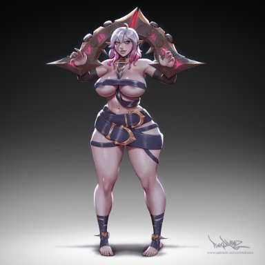 league of legends, briar (league of legends), pinkdrawz, 1girls, areolae slip, barefoot, belly, belly button, big areola, big breasts, curvaceous, curves, curvy, curvy body, curvy female