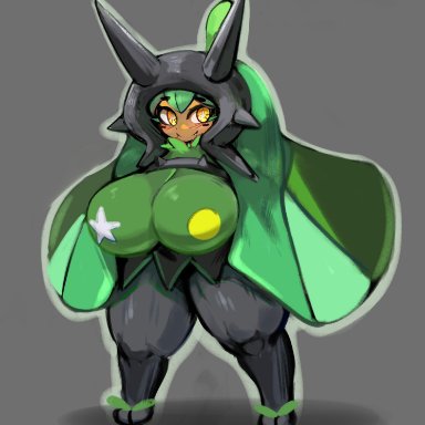 pokemon, ogerpon, pok&#233;mon (species), gipehtyboon, yboon, 1girls, 2 toes, black legs, breasts, green body, horns, large, multicolored body, nipple cover, ogre female