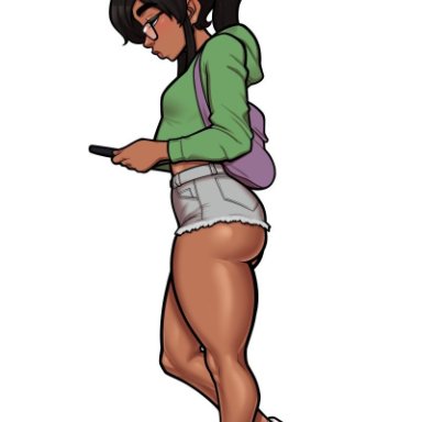 andavaverse, ester figueroa, mrpotatoparty, 1girls, ass, black hair, dark skin, dark-skinned female, female, female only, glasses, hoodie, latina, long hair, looking at phone