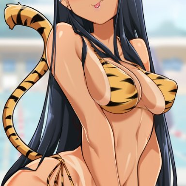 please don't bully me, nagatoro, hayase nagatoro, bayeuxman, 1girls, bikini, black hair, blush, brown eyes, cat ears, cleavage, clothed, clothing, curvy, earrings, female