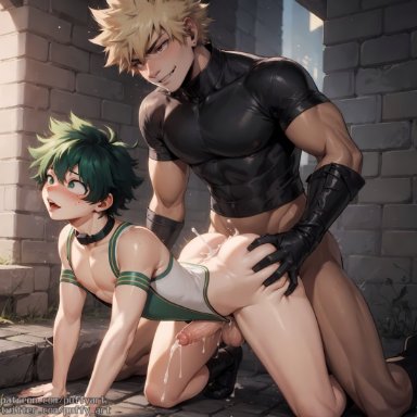 my hero academia, deku, izuku midoriya, katsuki bakugou, puffyart, 2boys, abs, anal, anal sex, ass, ass grab, bent over, big penis, blonde hair, bodysuit