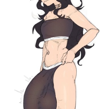 makinakid, 1futa, balls, black hair, breasts, bulge, clothed, clothing, embarrassed, flaccid, flared penis, futa only, futanari, glans outline, glasses