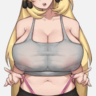 nintendo, pokemon, pokemon dppt, cynthia (pokemon), bobtheneet, big breasts, blonde hair, clothing, female, female only, grey eyes, hair over one eye, light skin, light-skinned female, long hair