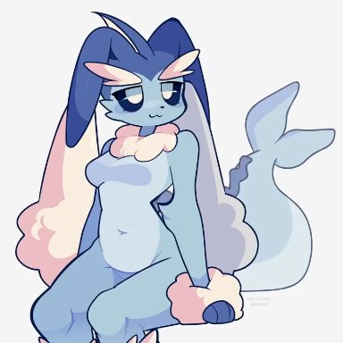 pokemon, generation 1 pokemon, generation 4 pokemon, lopunny, pok&#233;mon (species), pokemon (species), vaporeon, sashley, 1girls, ambiguous gender, big breasts, black sclera, blinking, blue body, blue fur