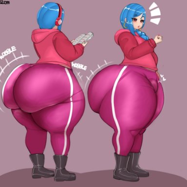 flow (fladdykin), fladdykin, 1boy, ass, big ass, blue hair, bottom heavy, bulge, chubby, earrings, fat ass, femboy, feminine male, fully clothed, giant ass