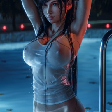 final fantasy, final fantasy vii, final fantasy vii remake, tifa lockhart, ecksoh, 1girls, areola, areolae, arms behind head, arms up, ass, black hair, female, female focus, female only