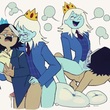 adventure time, fionna and cake, simon petrikov, winter king, anal sex, blue skin, blush, bottomless, crown, dark hair, dialogue bubble, gay, glasses, male only, naked