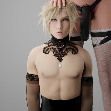 final fantasy vii, overwatch, cloud strife, mercy, tscd rendering, 1boy1girl, blonde hair, duo, female, femboy, feminine male, imminent pegging, malesub, strap-on, submissive male