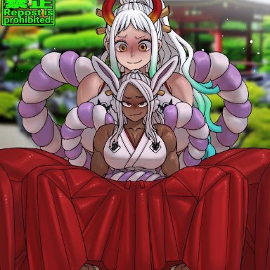 my hero academia, one piece, miruko, yamato (one piece), shosho oekaki, 2girls, big breasts, bunny ears, dark skin, dark-skinned female, female, female only, horns, large breasts, larger female