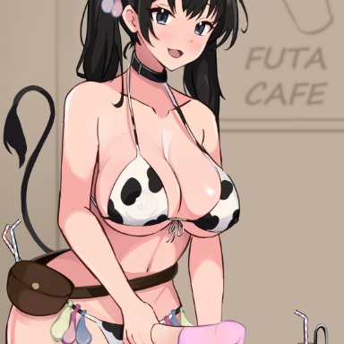 yoshiwo senpai, 1futa, animal ears, animal print, balls, ballsack, belt pouch, big breasts, big penis, bikini, bikini aside, bikini bottom, bikini top, black hair, blush