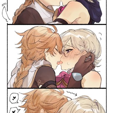 genshin impact, aether (genshin impact), lyney (genshin impact), dh vxt, 2boys, androgynous, blonde hair, blush, braid, femboy, feminine male, french kiss, french kissing, gay, heart