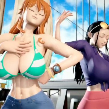 one piece, nami, nico robin, 2girls, big breasts, black hair, breasts, cleavage, closed eyes, dancing, duo, female, female focus, female only, huge breasts