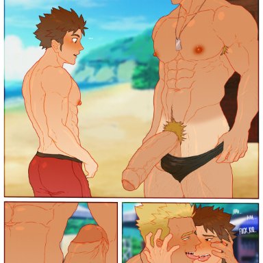 pokemon, pokemon rgby, gym leader, lt surge, red (pokemon), cuckoo chan, 2boys, abs, age difference, armpit hair, ass, back, back muscles, balls, bara