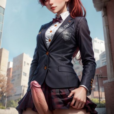 persona, persona 5, persona 5 royal, kasumi yoshizawa, sumire yoshizawa, naikedart, stable diffusion, 1futa, 1intersex, day, erect penis, erection, futanari, gynomorph, intersex