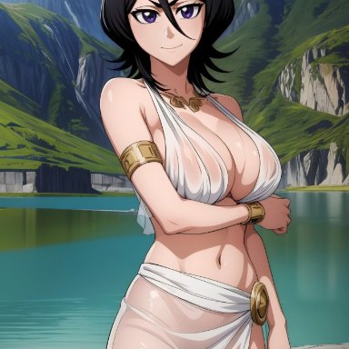 bleach, kuchiki rukia, nai diffusion, stable diffusion, breasts, female, female only, greek clothes, solo, white skin, ai generated