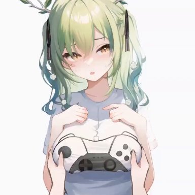 hololive, hololive english, ceres fauna, koahri, 1girls, antlers, black ribbon, blush, branch, breast poke, breasts, collarbone, flower, game controller print, grabbing