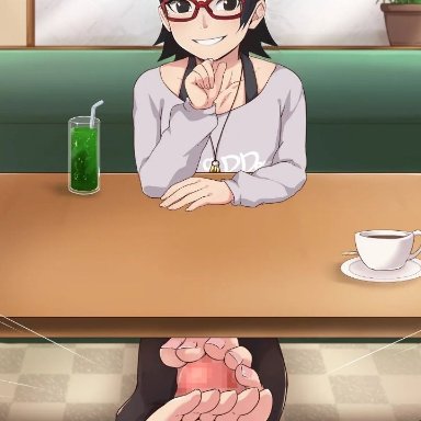 naruto, naruto (series), sarada uchiha, barefoot, feet, foot fetish, footjob, outdoors, toes, under the table, tagme