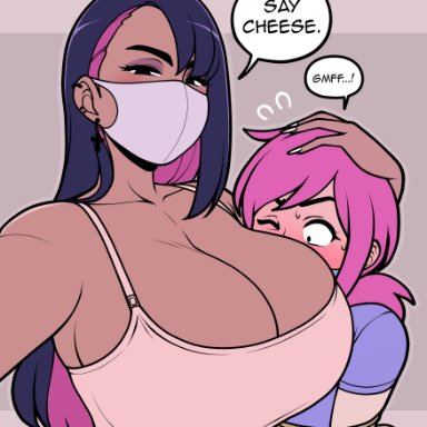 original, jackie (jam-orbital), original characters, jam-orbital, 1boy1girl, bare shoulders, big breasts, blush, bondage, breast squish, confident female, ear piercing, earrings, embarrassed male, facemask