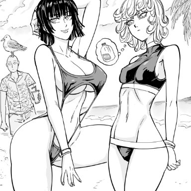 one-punch man, esper sisters, fubuki (one-punch man), saitama, tatsumaki, bb (baalbuddy), 1boy, 2girls, beach, big breasts, black hair, breast envy, breast size difference, character in background, female