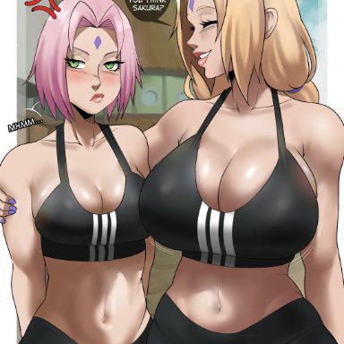 naruto, naruto shippuden, shounen jump, sakura haruno, tsunade, echosaber, 2girls, big breasts, blonde hair, breast envy, breast size difference, breasts, female, light-skinned female, long hair