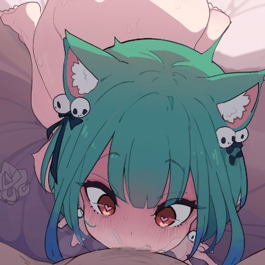 hololive, uruha rushia, kakure eria, 1boy, 1girls, animal ear fluff, animal ears, ass, barefoot, bent over, blowjob, blue hair, blush, cat ears, cat tail