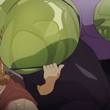 marvel, she-hulk, saigalisk, 1boy, 1girls, big breasts, fat ass, green skin, huge ass, larger female, ripped clothing, ripped pants, smaller male, sweat, sweatdrop