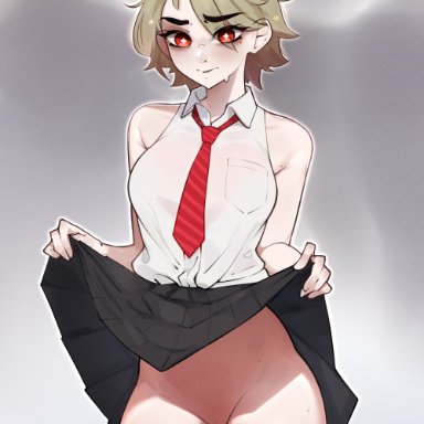 fortnite, joni (fortnite), lilatole, 1girls, blonde hair, blushing, embarrassed, female, female only, flashing pussy, gradient background, grey background, no panties, pussy, red eyes