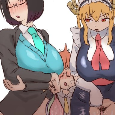 miss kobayashi's dragon maid, elma (dragon maid), kobayashi, tohru (dragon maid), zinkakuhaisetu, 1futa, 2girls, after sex, after vaginal, big breasts, black hair, blonde hair, bottomless, breasts, clothed