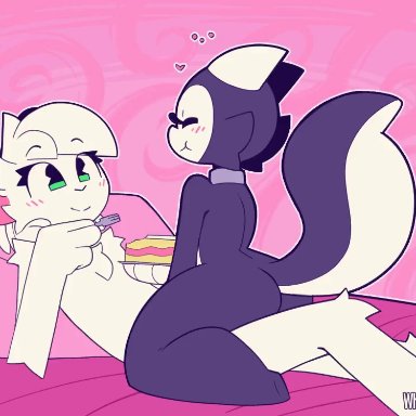 evelyn (whygena), reggie (whygena), whygena, 1boy, 1femboy, anthro, anthro penetrated, anthro penetrating, anthro penetrating anthro, anthro penetrating female, anus, ass, bed, blush, cake