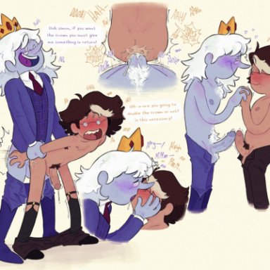 adventure time, fionna and cake, simon petrikov, winter king, anal sex, blue skin, blush, crown, dark hair, deep penetration, dialogue bubble, embarrassed, gay, glasses, heydeliveant