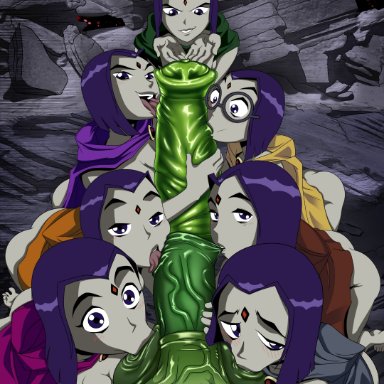 dc, dc comics, teen titans, beast boy, raven (dc), raven's emoticlones, incogneato, :&gt;=, 1boy, balls, blowjob, breasts, clone, cooperative fellatio, erection