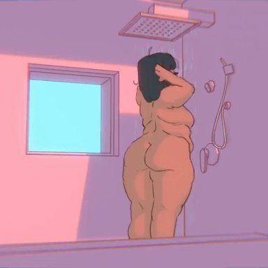 tashoelle, 1girls, big belly, big breasts, dark hair, inflation, plump, pubic hair, tan body, thick thighs, tube in ass, water inflation, water weight, weight gain, animated