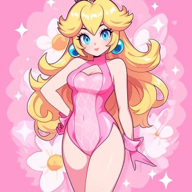 mario (series), nintendo, princess peach, senadevyana, 1girls, blonde hair, blue eyes, breasts, crown, earrings, gloves, long hair, looking at viewer, medium breasts, one-piece swimsuit