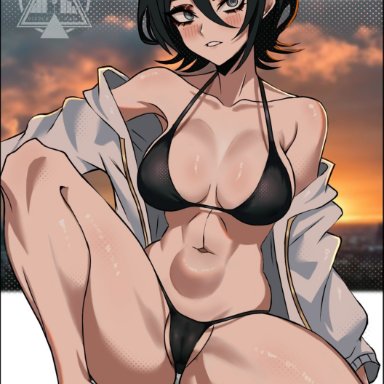 bleach, kuchiki rukia, dizzle, dizzle tan, 1girls, beach, belly button, black hair, blush, breasts, cleavage, curvy, female, female only, jacket