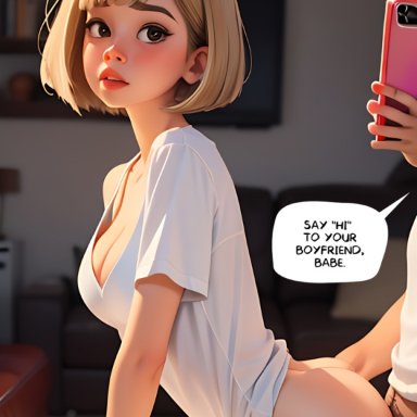 original, original character, taliredmint, blonde hair, bob cut, caught, caught in the act, cellphone, cheating, cheating female, cheating girlfriend, cuck, cuckold, eye contact, from behind
