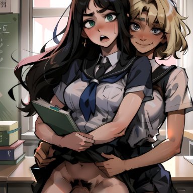 ai coomer, 1futa, 2girls, assisted exposure, black hair, blonde hair, blue eyes, blush, breasts, classroom, closed mouth, clothes lift, dark-skinned female, earrings, exhibitionism