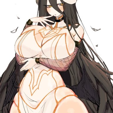 overlord (maruyama), albedo (overlord), usa37107692, angel wings, arm under breasts, bare hips, black hair, black wings, blush, breasts, choker, cleavage, demon girl, demon horns, dress