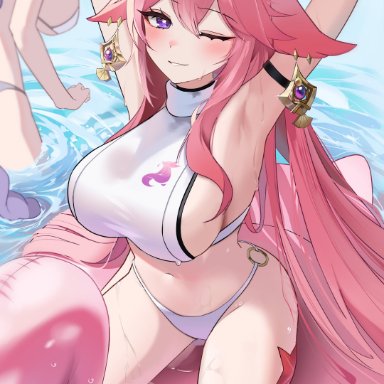 genshin impact, raiden shogun, yae miko, 2girls, arm up, armpits, bikini, bikini bottom only, blush, breasts, floppy ears, hair between eyes, hair intakes, inflatable flamingo, large breasts