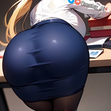 naruto, naruto (series), naruto shippuden, tsunade, creamy ai, anger vein, angry, bent over, big ass, big breasts, black pantyhose, blonde hair, blue skirt, brown eyes, curvy