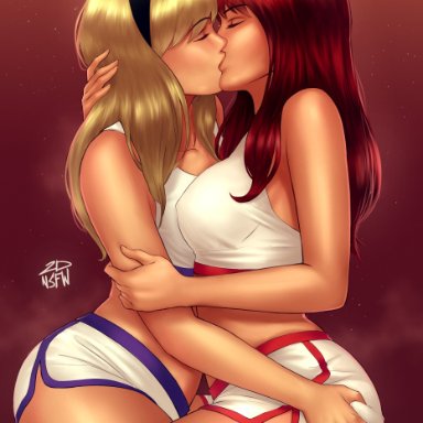 marvel, spider-man (series), gwen stacy, mary jane watson, 2dswirl, 2girls, blonde hair, closed eyes, crop top, embrace, french kiss, gym clothes, gym uniform, hairband, hand on another's arm