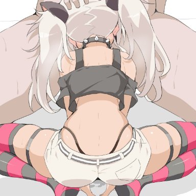 nijisanji, matsukai mao, ohako, 1boy, black collar, black thighhighs, clothed female nude male, collar, crop top, fat man, fellatio, female, from behind, grey hair, hand on another's head