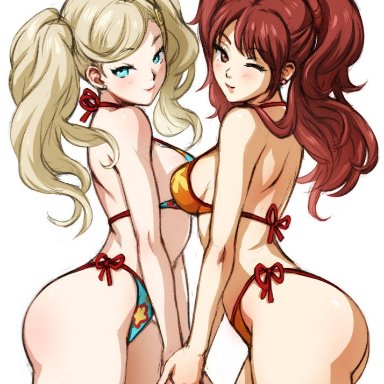 persona, persona 4, persona 5, ann takamaki, kujikawa rise, minacream, 2girls, ass, bikini, blonde hair, blue bikini, blue eyes, blue swimsuit, breasts, brown eyes